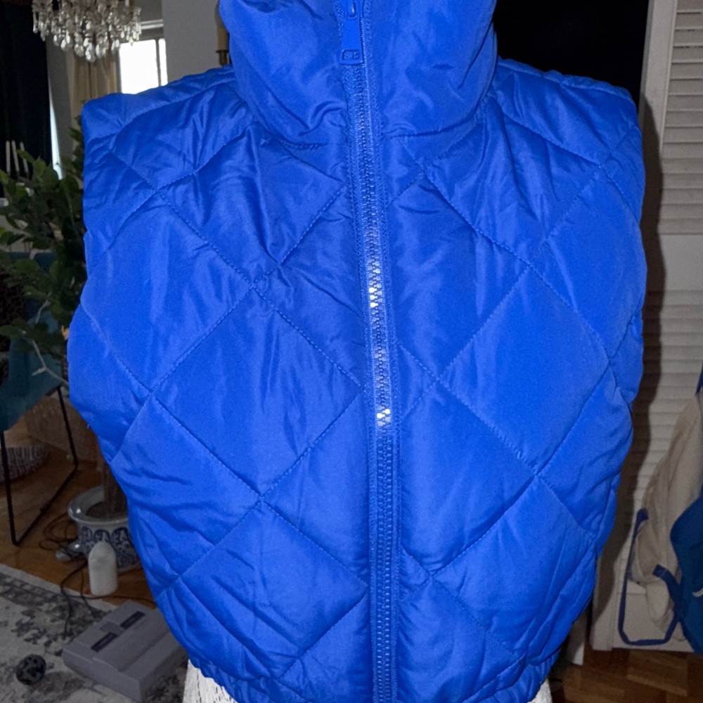 Monki Diamond Quilted zip up cobalt Blue Vest XS